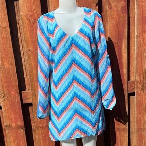 Xtraordinary Blue, Turquoise & Coral Zigzag Long-Sleeve Dress Size M